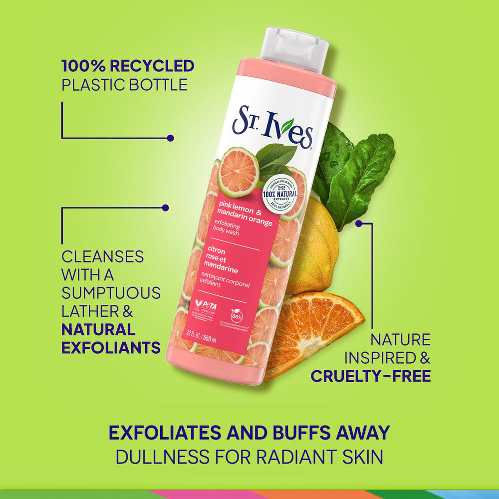 St. Ives exfoliating pink lemon lather delivers refreshing cleansing with gentle scrub.
