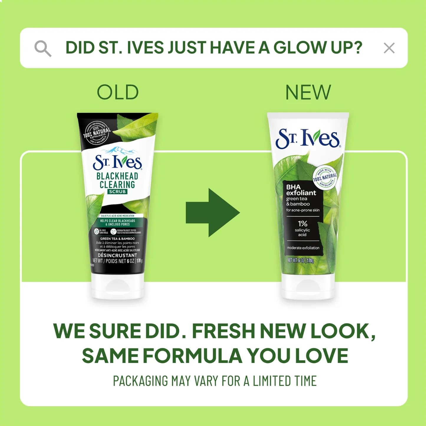 St. Ives Green Tea Scrub after-use glow for balanced pores.