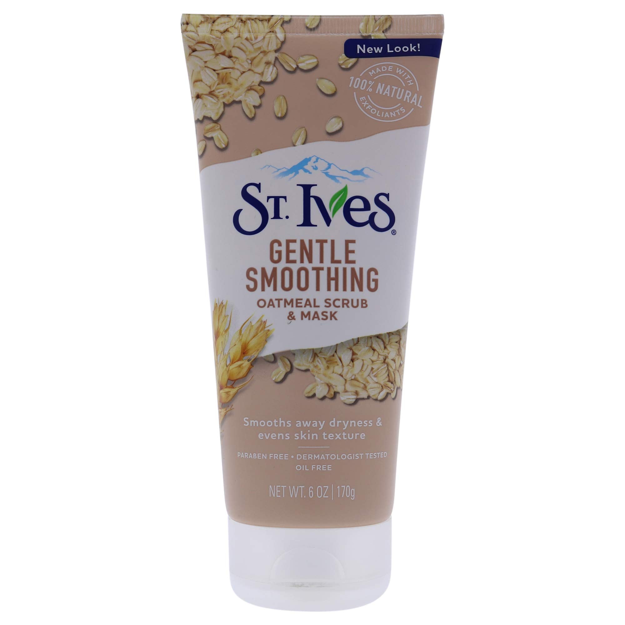 St. Ives Gentle Smoothing Oatmeal Scrub jar shows natural exfoliants for smoother skin.