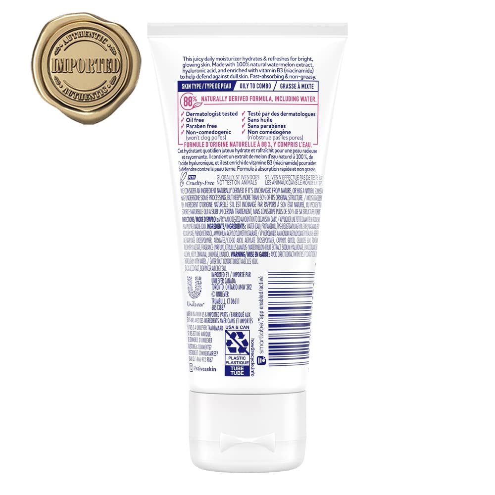 St. Ives Hydrate & Glow Watermelon jar open showing smooth non-greasy cream.