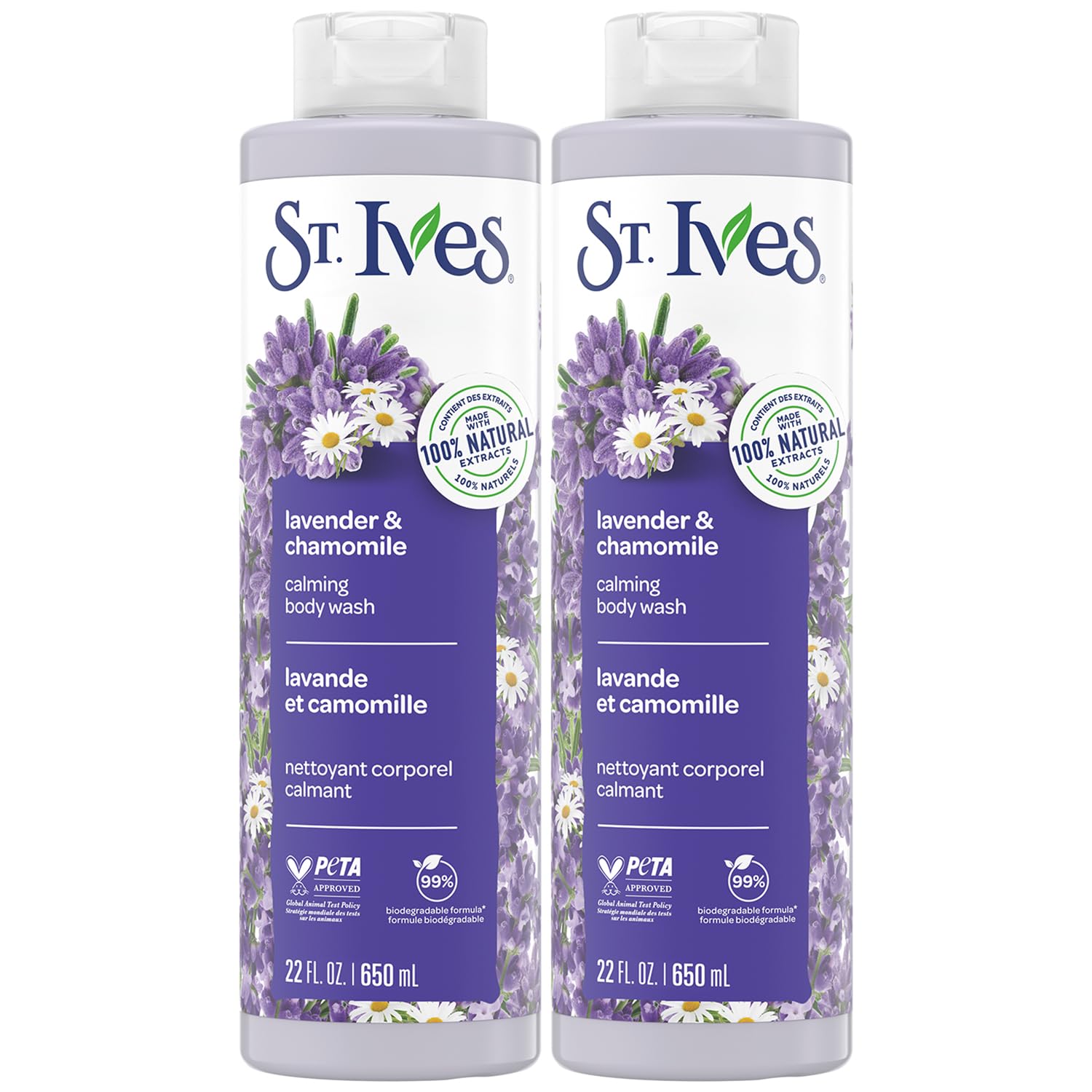 St. Ives Lavender Chamomile shower bottle ready for calming cleanse.