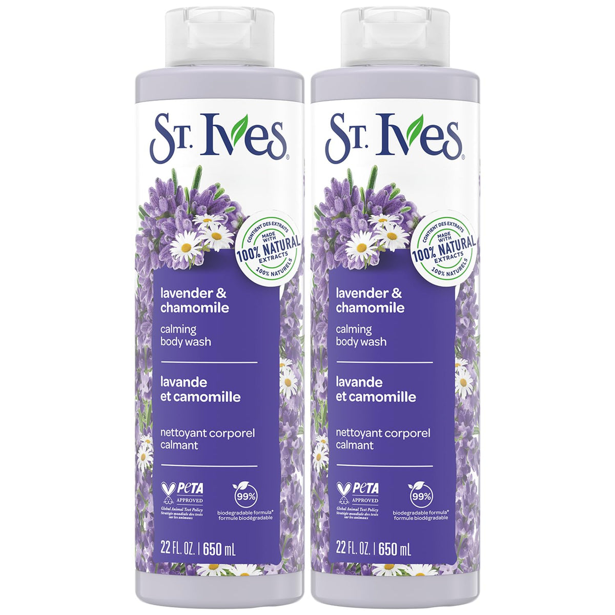 St. Ives Lavender Chamomile shower bottle ready for calming cleanse.