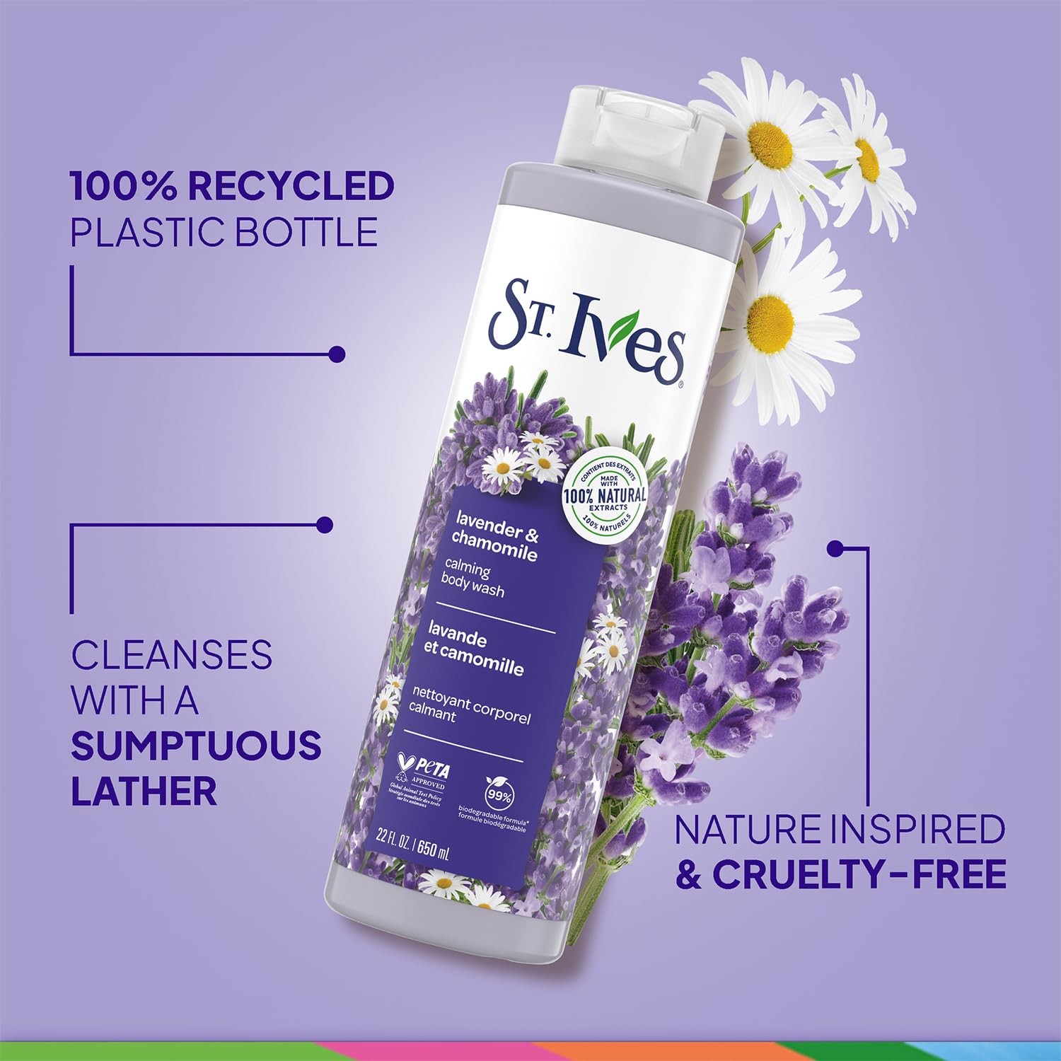 St. Ives lavender chamomile closeup texture highlights natural extracts.