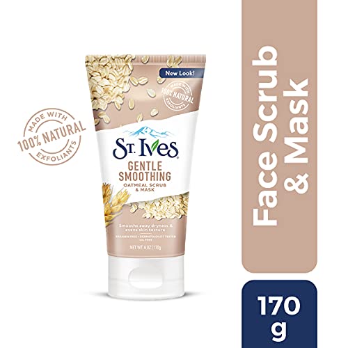 Close-up of St. Ives oatmeal exfoliant powder for gentle texture.