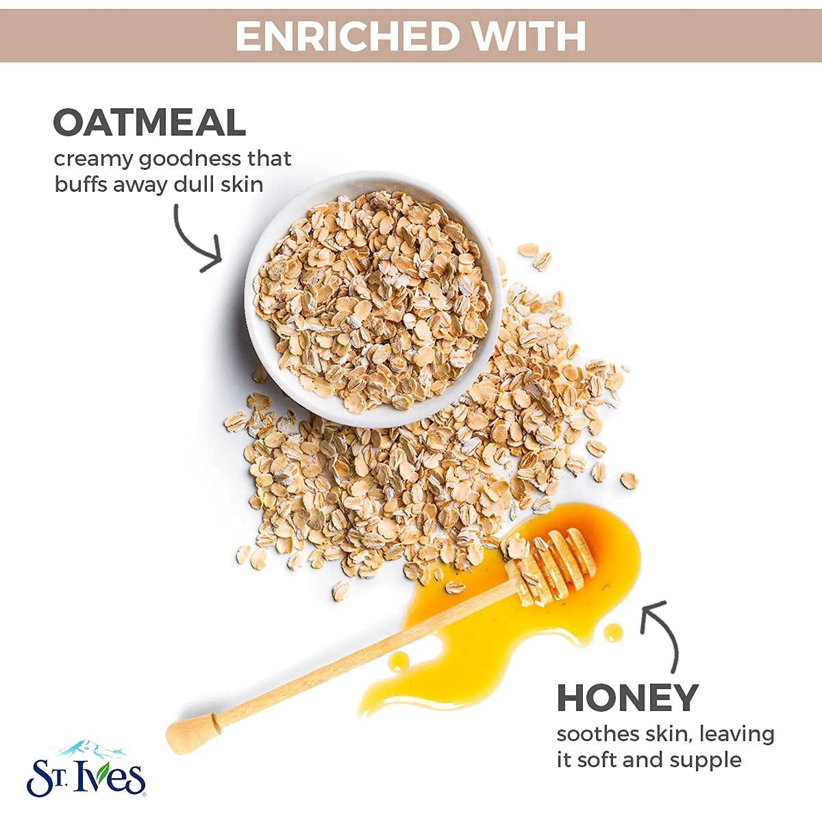 St. Ives oats and honey ingredients closeup with natural extracts