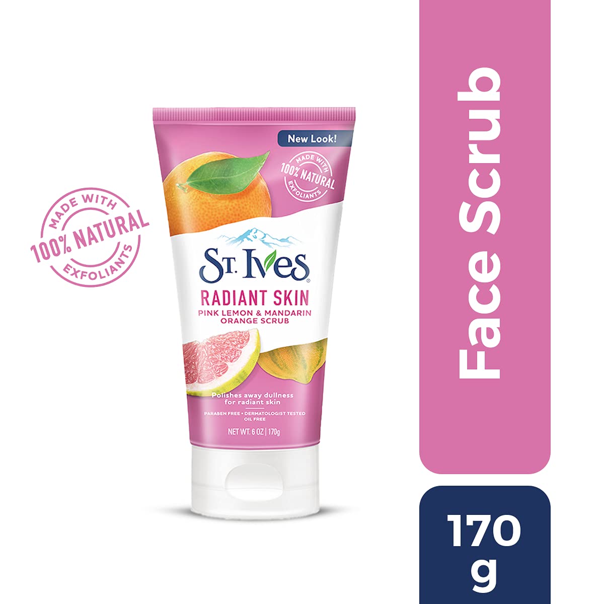 St. Ives Radiant Skin jar with mandarin orange for gentle polish.