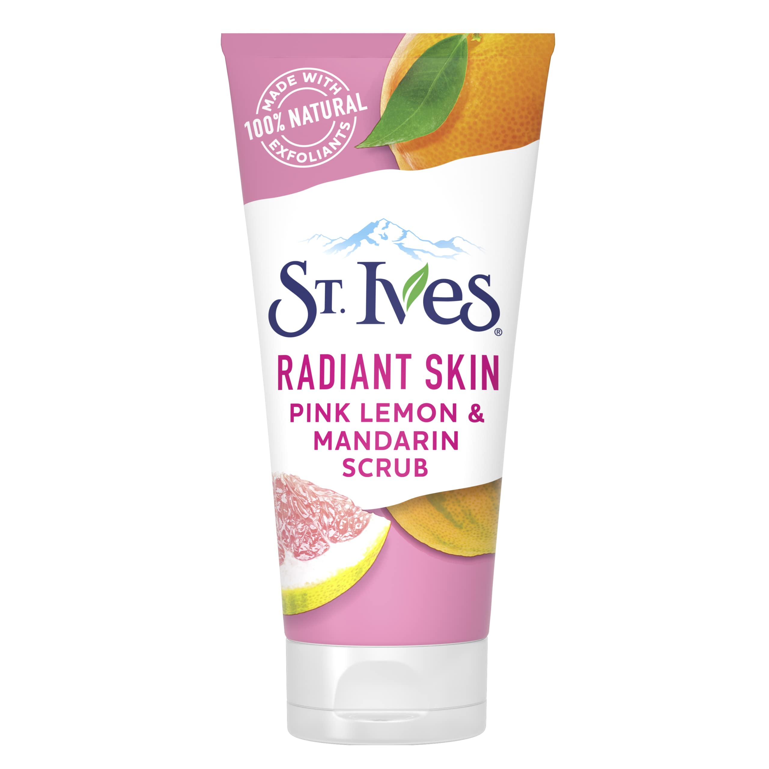 St. Ives Radiant Skin pink lemon orange scrub bottle highlights natural exfoliants for brighter skin