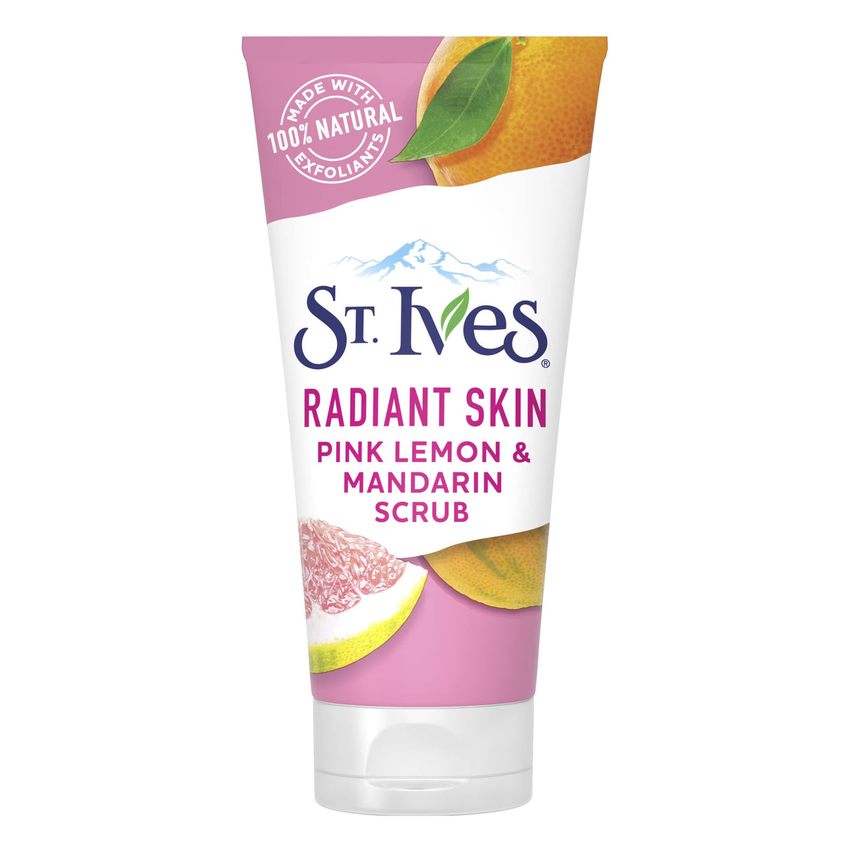St. Ives Radiant Skin pink lemon orange scrub bottle highlights natural exfoliants for brighter skin