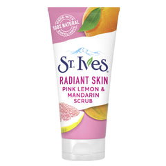 St. Ives Radiant Skin pink lemon orange scrub bottle highlights natural exfoliants for brighter skin