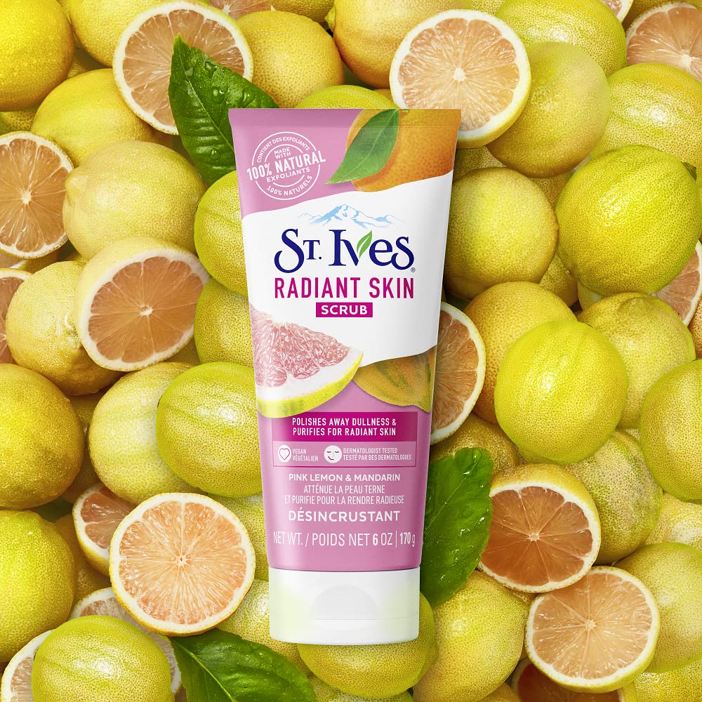 St. Ives Radiant Skin pink lemon orange scrub closeup on pores and texture