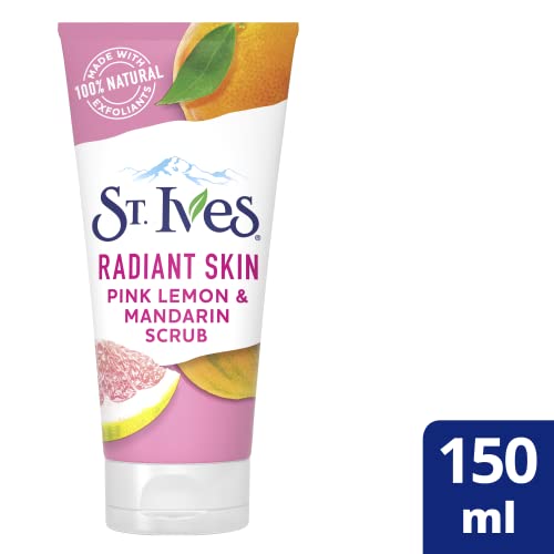 St. Ives Radiant Skin pink lemon orange scrub texture closeup shows natural exfoliants for gentle buff