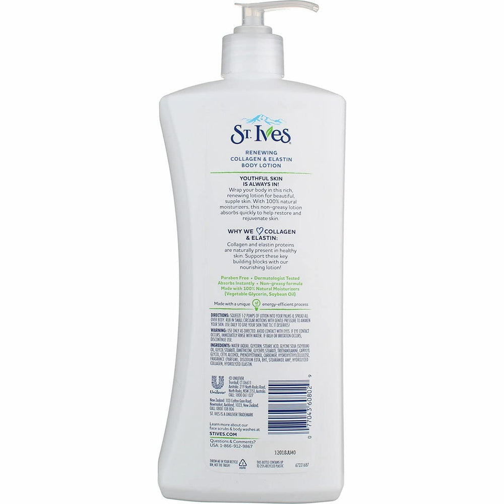 St Ives Renewing lotion back label highlights natural moisturizers and sensitive-skin suitability