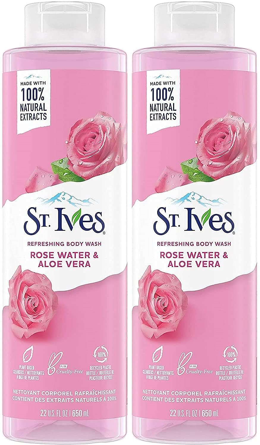 St. Ives Rose Water & Aloe Body Wash bottle with hydrating, refreshing lather for soft skin.