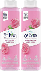 St. Ives Rose Water & Aloe Body Wash bottle with hydrating, refreshing lather for soft skin.