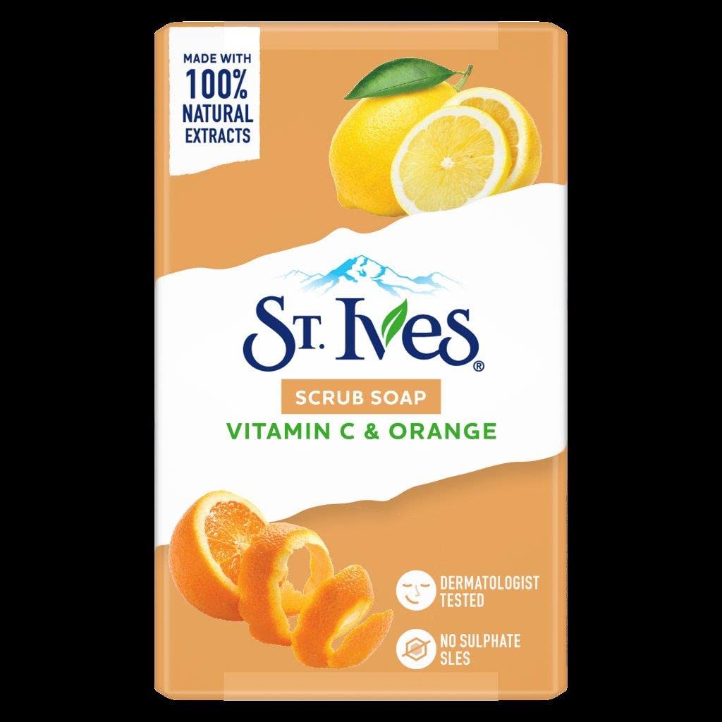 St. Ives Scrub Bar Soap with Vitamin C and Orange package front for a refreshing cleanse.