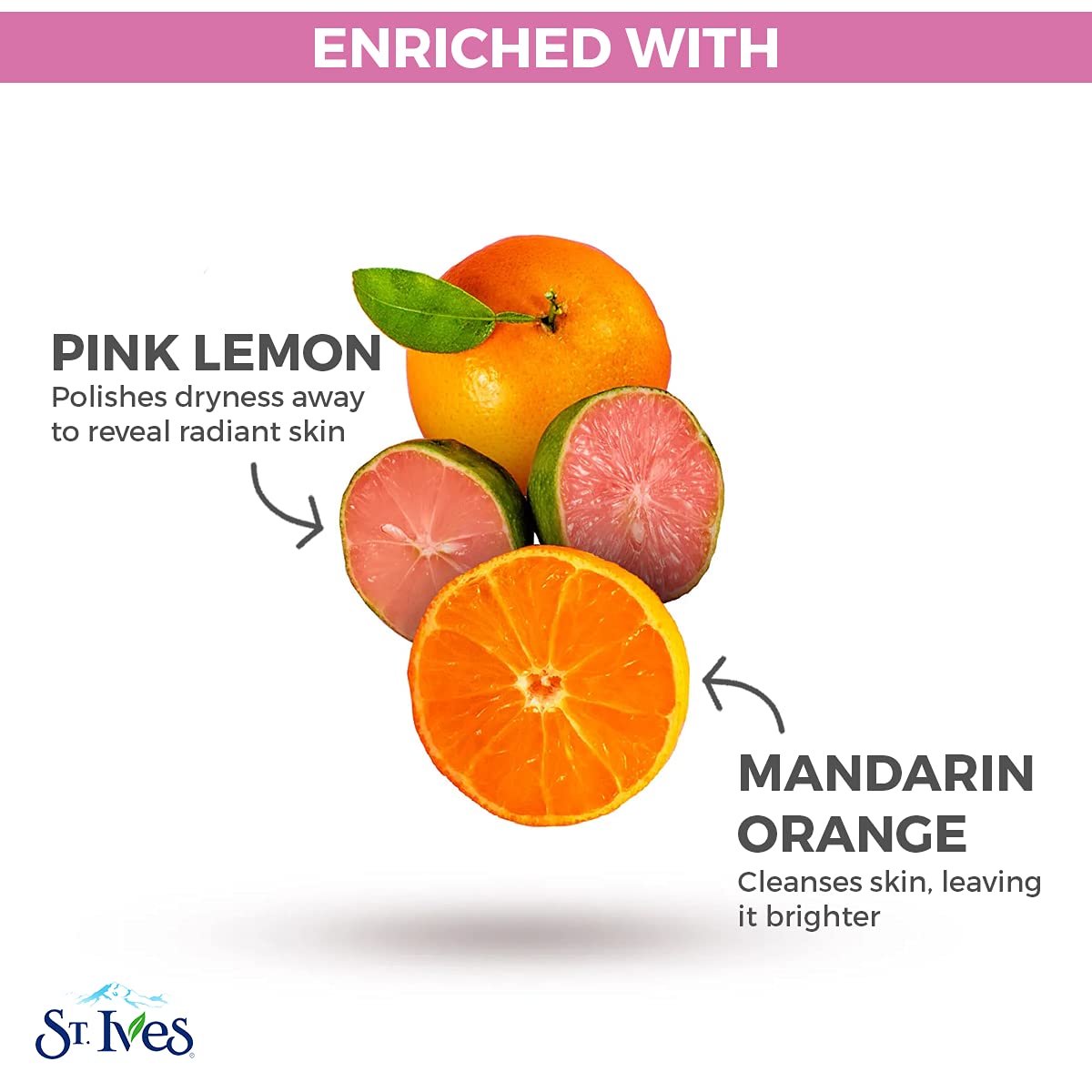 Close-up of exfoliating grains in the pink lemon and mandarin orange scrub.
