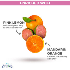 Close-up of exfoliating grains in the pink lemon and mandarin orange scrub.