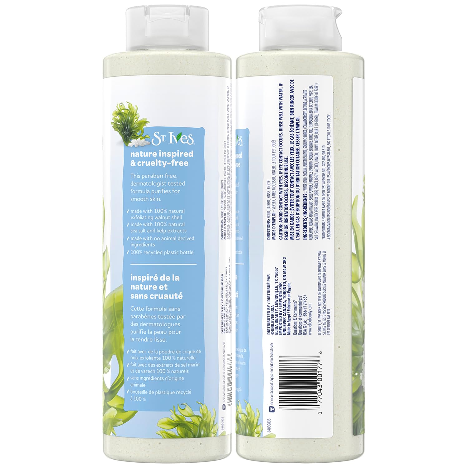 St. Ives sea salt bottle front view for a refreshing shower routine.