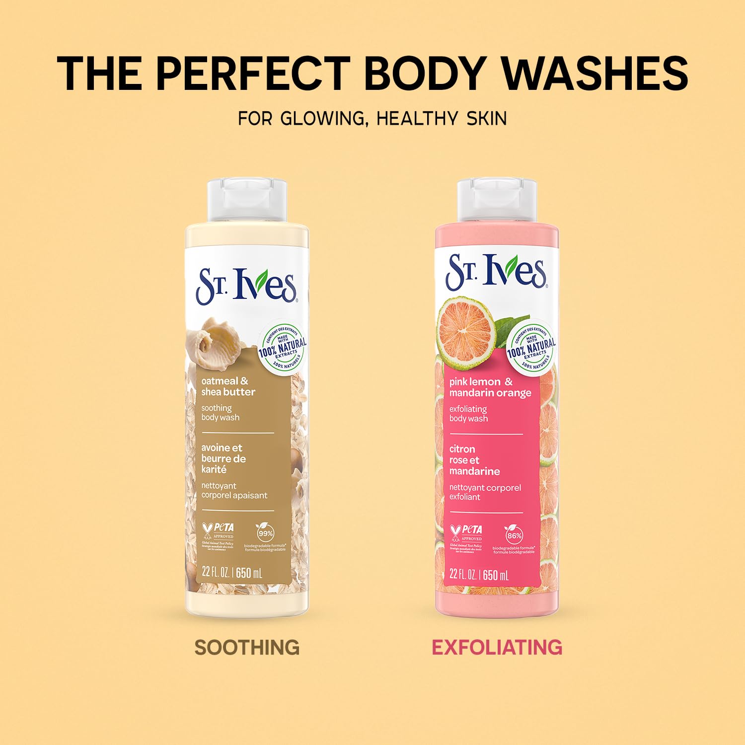 St. Ives soothing oatmeal label highlights 98% biodegradable packaging.
