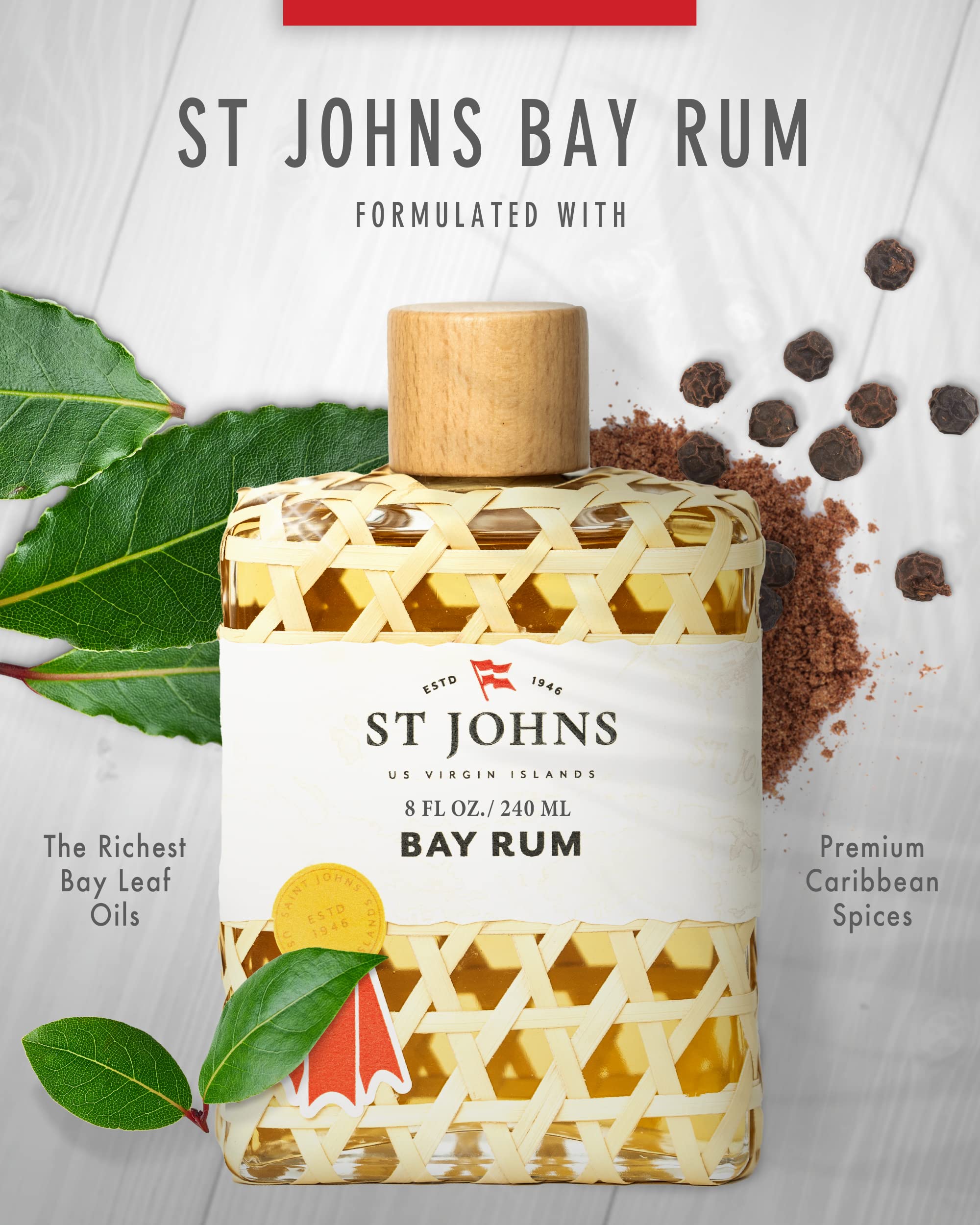 St. John Bay Rum label detail emphasizes premium oils and heritage