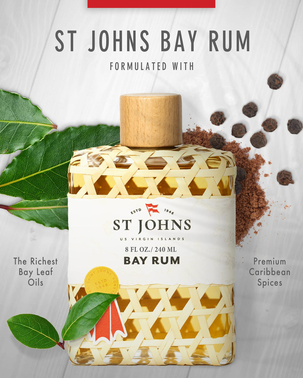 St. John Bay Rum label detail emphasizes premium oils and heritage