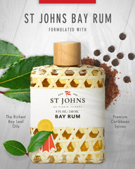 St. John Bay Rum label detail emphasizes premium oils and heritage