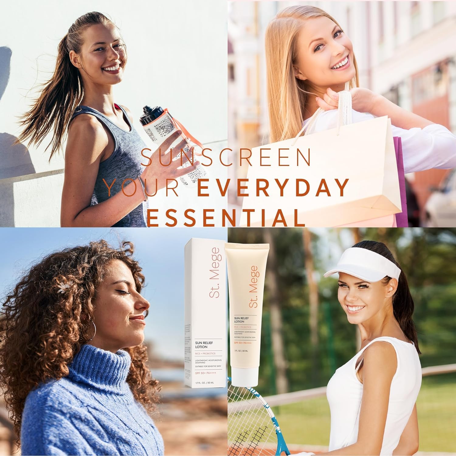 All-over usage guidance for face, neck, arms, and legs with St. Mege sunscreen.