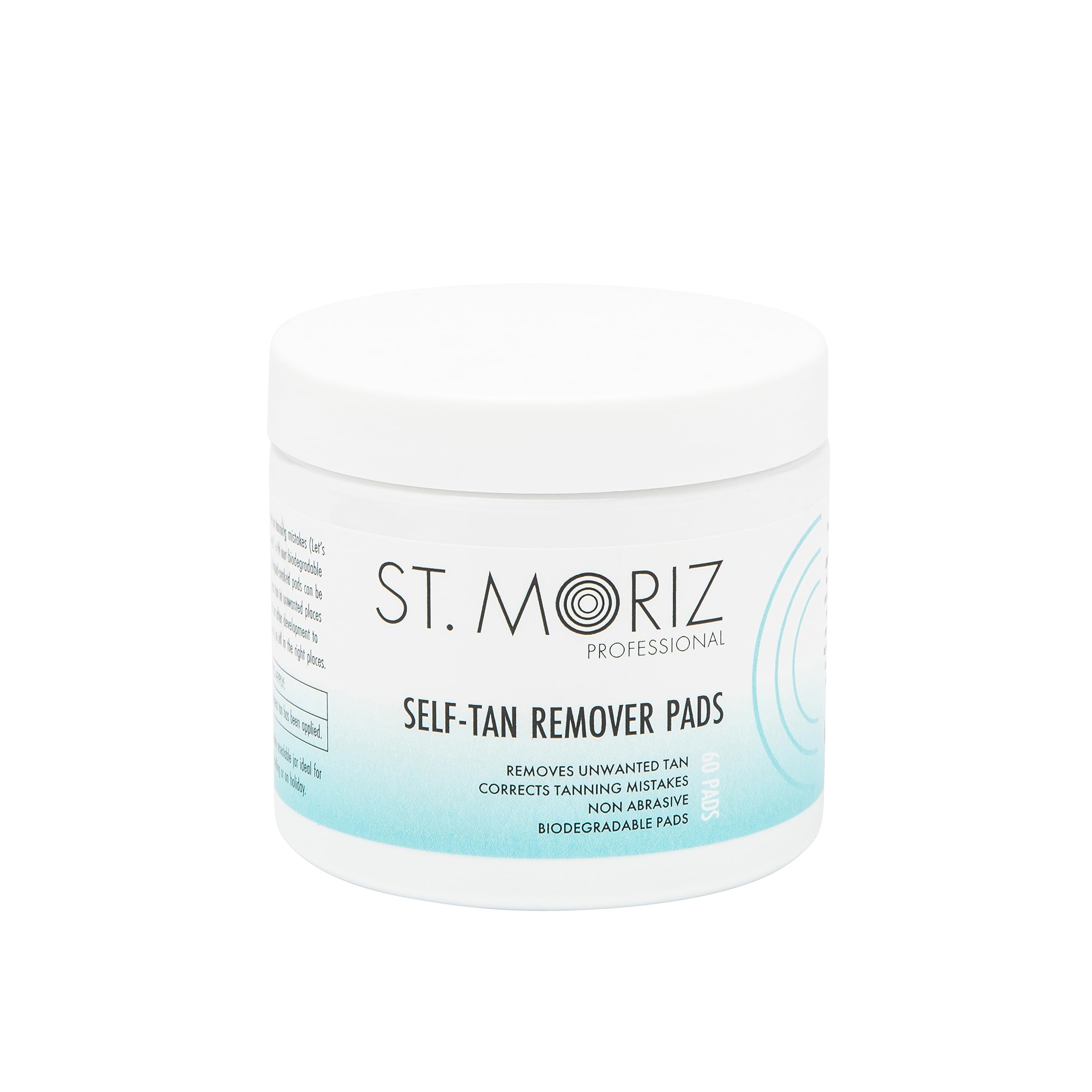 ST. MORIZ Self-Tan Remover Pads packaging with jar for travel-friendly tan correction