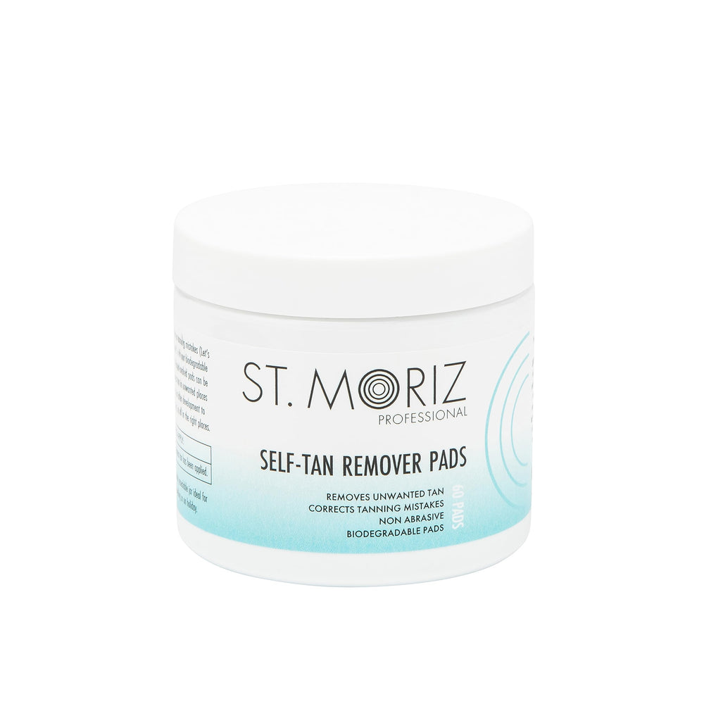 ST. MORIZ Self-Tan Remover Pads packaging with jar for travel-friendly tan correction