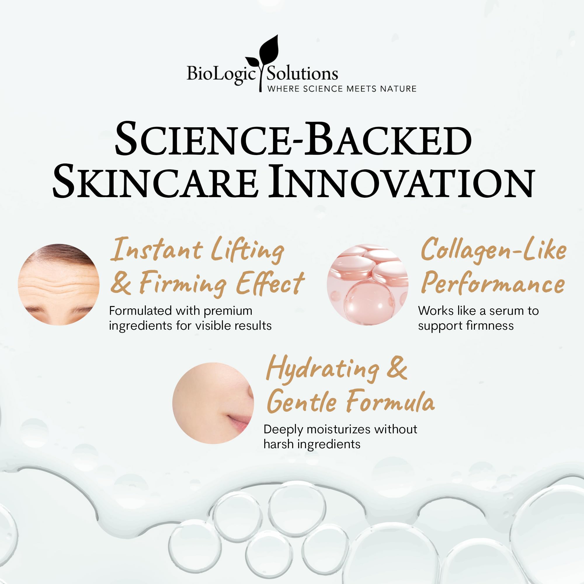 Biologic MaxiLift serum close-up shows clear finish suitable under makeup.