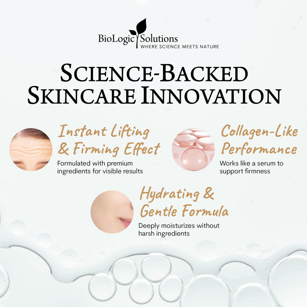 Biologic MaxiLift serum close-up shows clear finish suitable under makeup.