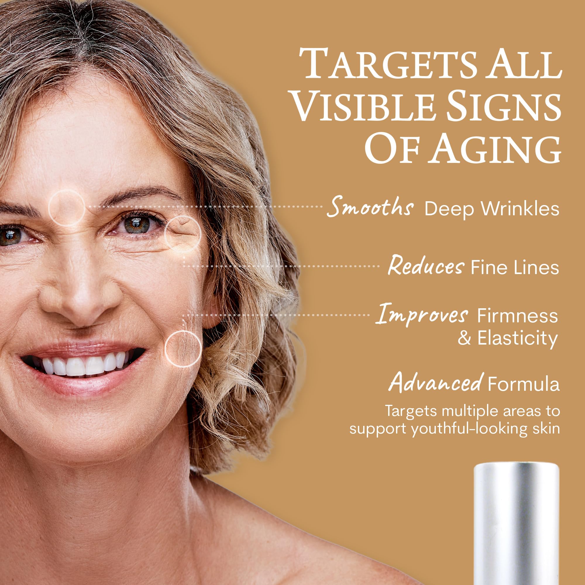 Close view of the serum bottle with a subtle glow implying brightening and hydration.