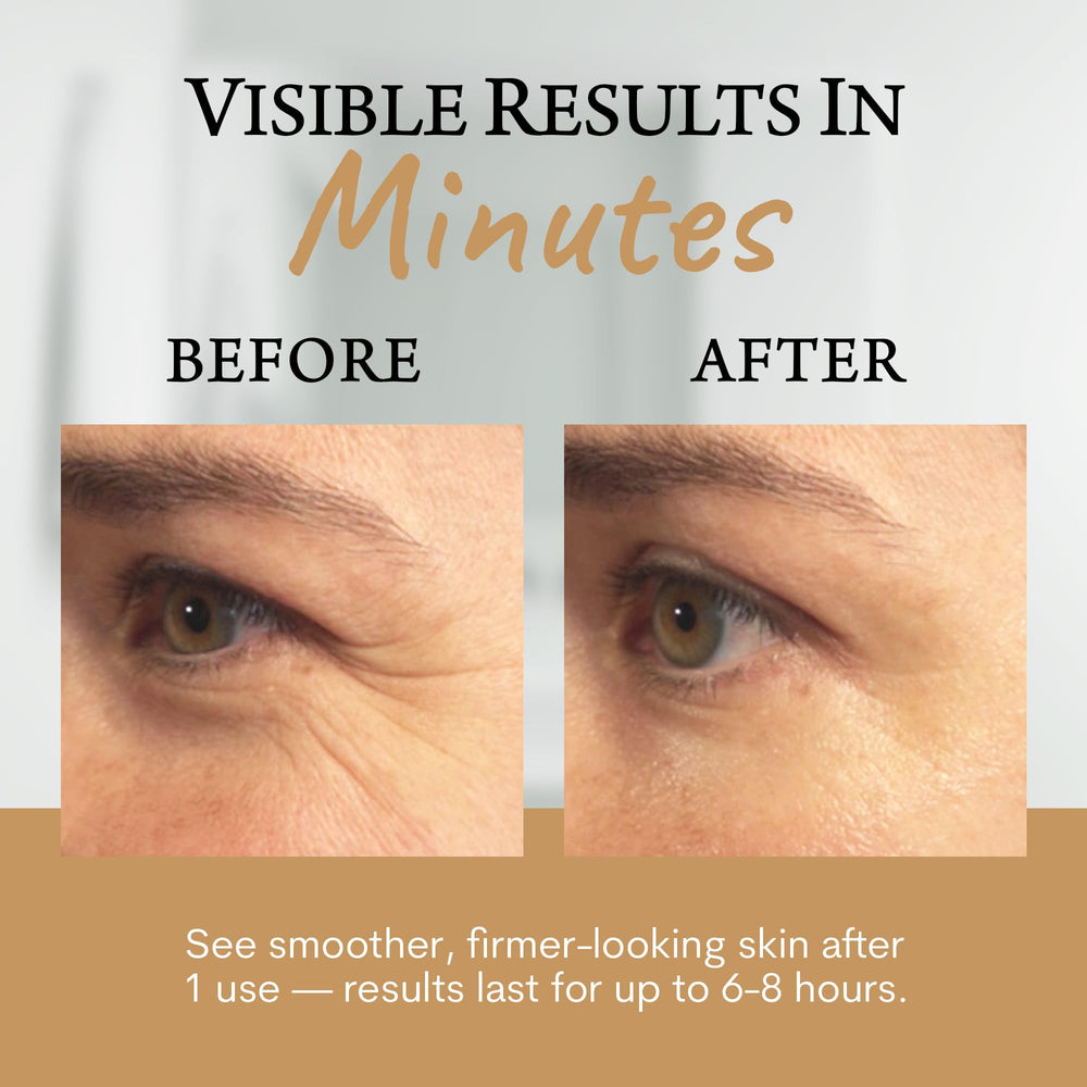 Eyes and neck area application shot suggesting multi-area firmness from the serum.