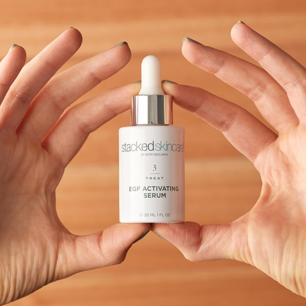 StackedSkincare Hydrating EGF Serum drops illustrate easy daily use.