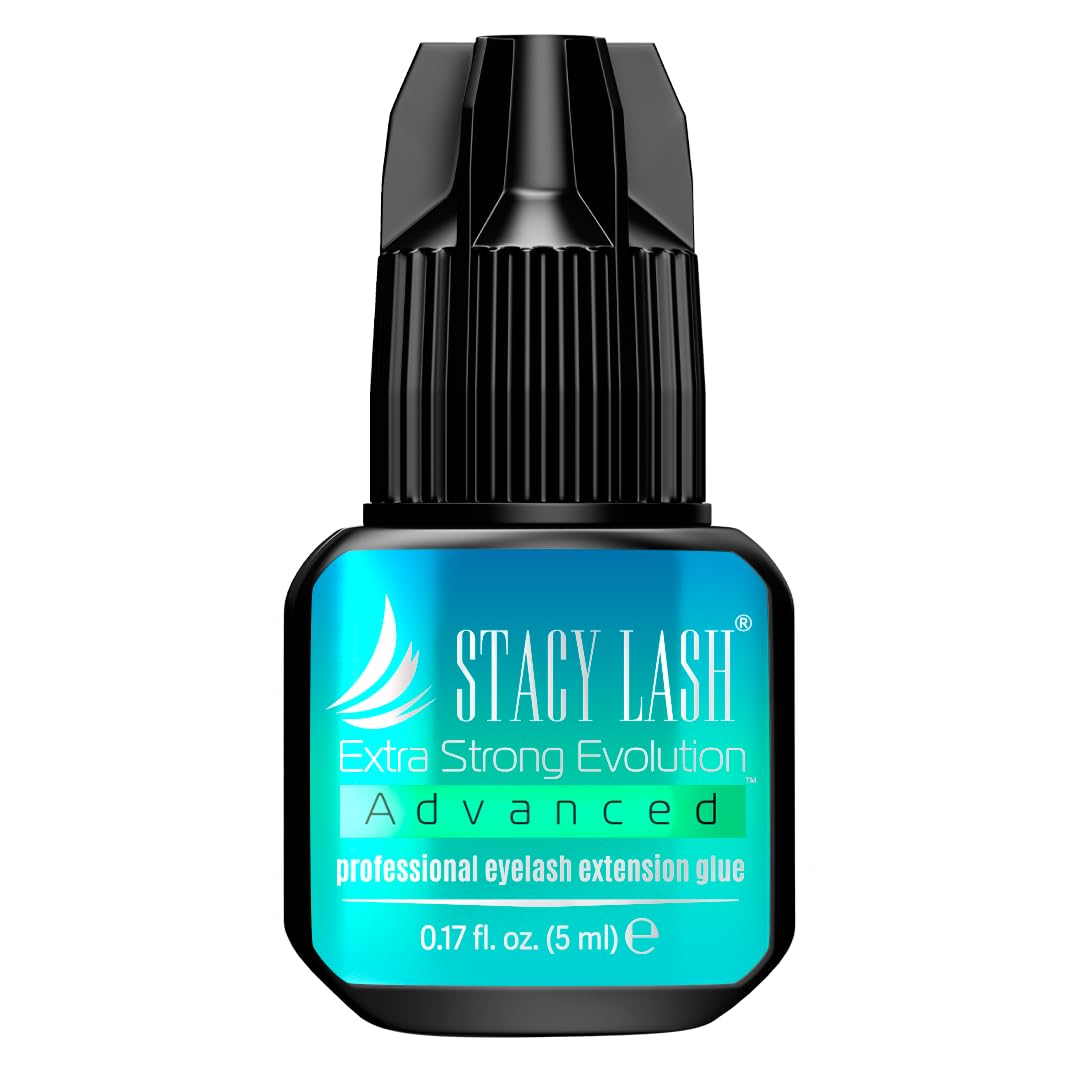 STACY LASH Extra Strong Evolution glue bottle closeup for durable lash extensions.