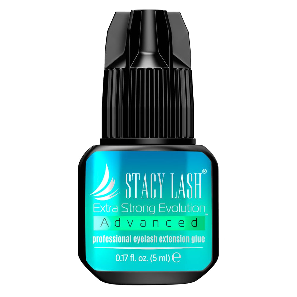 STACY LASH Extra Strong Evolution glue bottle closeup for durable lash extensions.