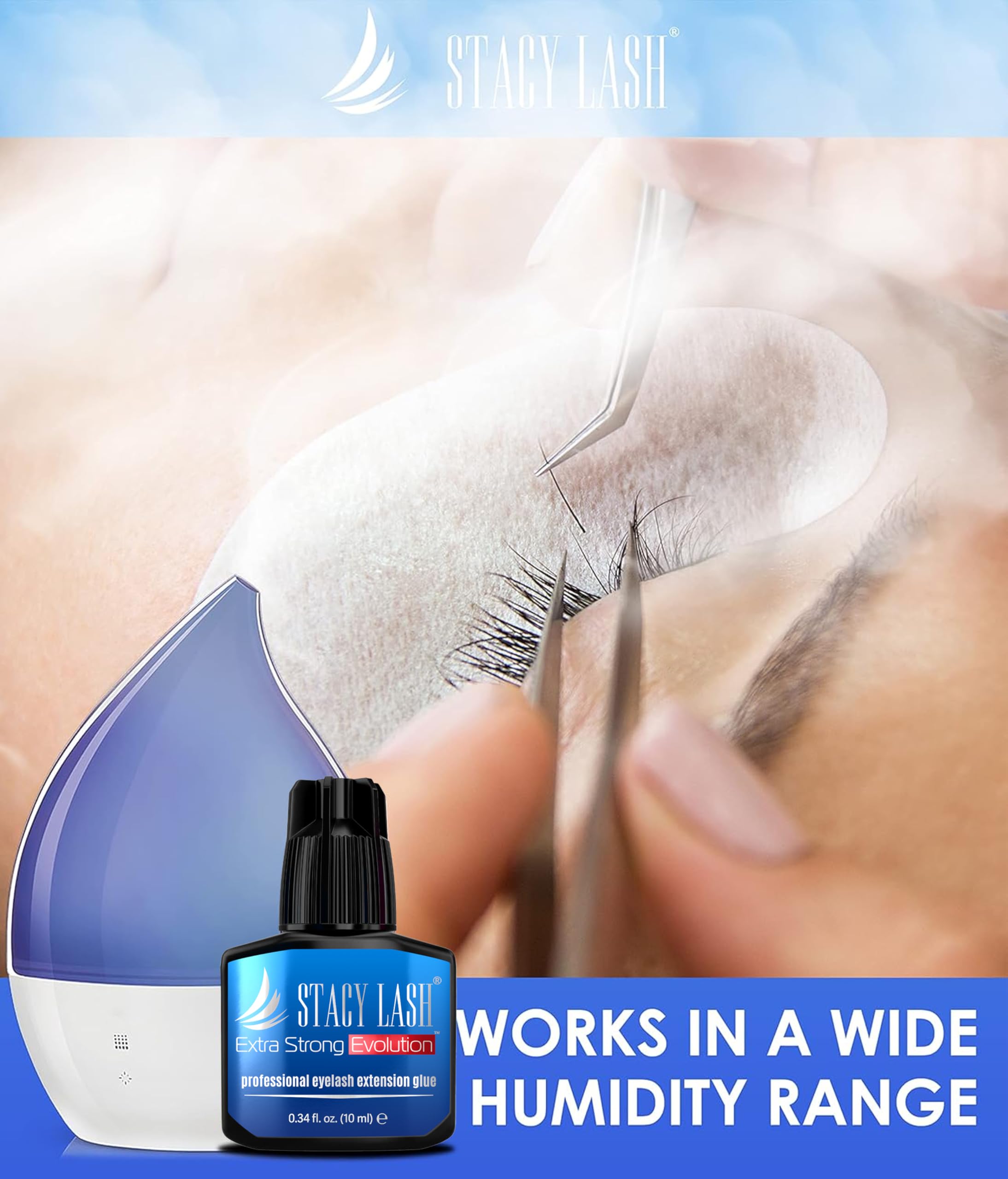 STACY LASH fast-dry adhesive enables quick lash sessions.