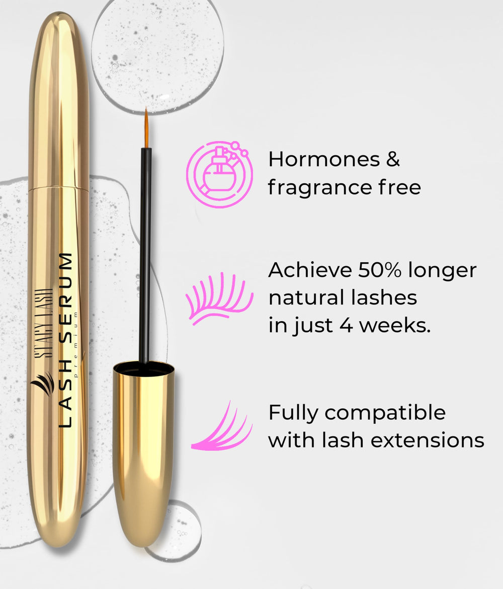 Stacy Lash Growth Serum texture shown oil-free for comfortable use.