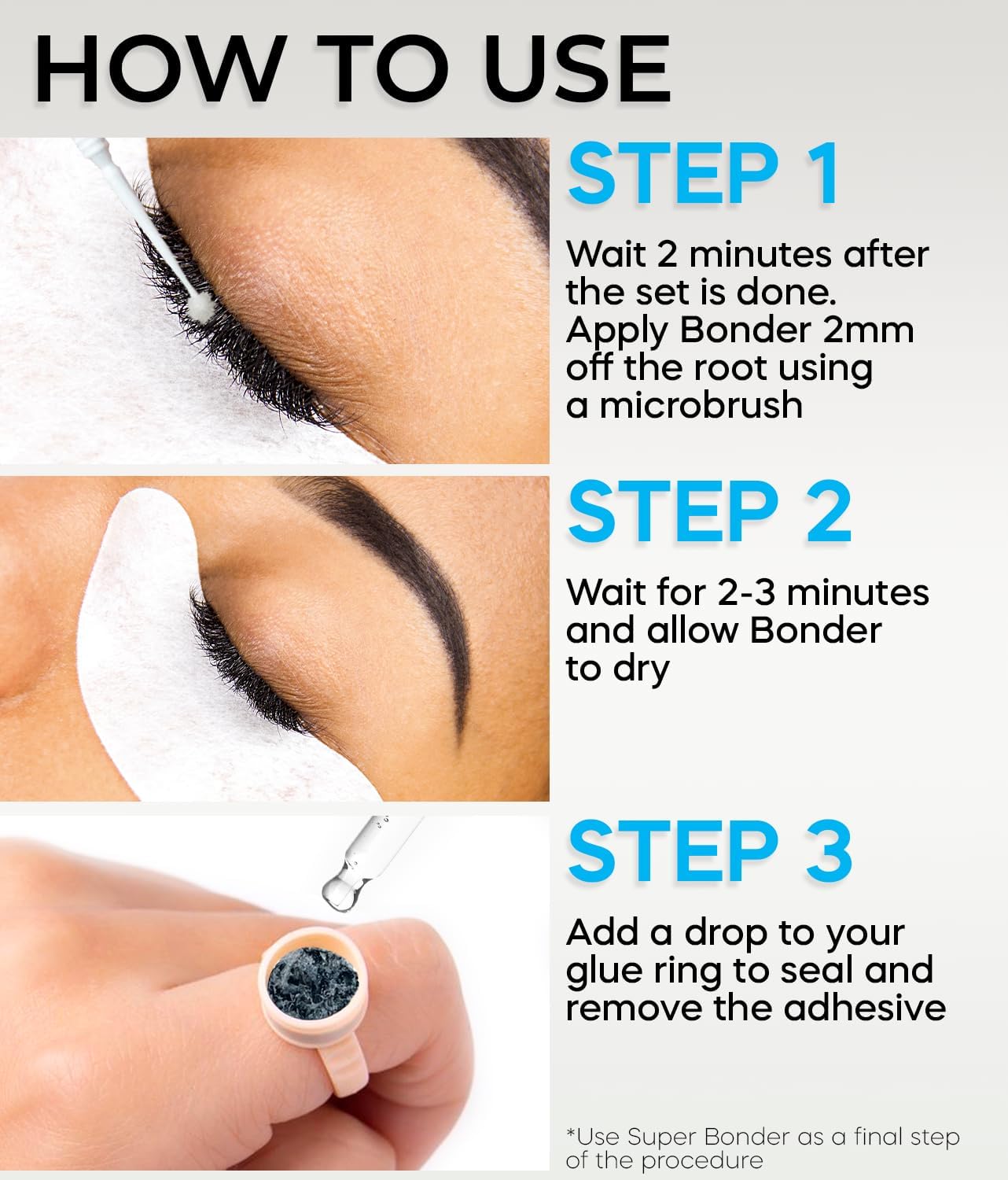 Stacy L ash bonder keeps lash extensions securely in place after application.