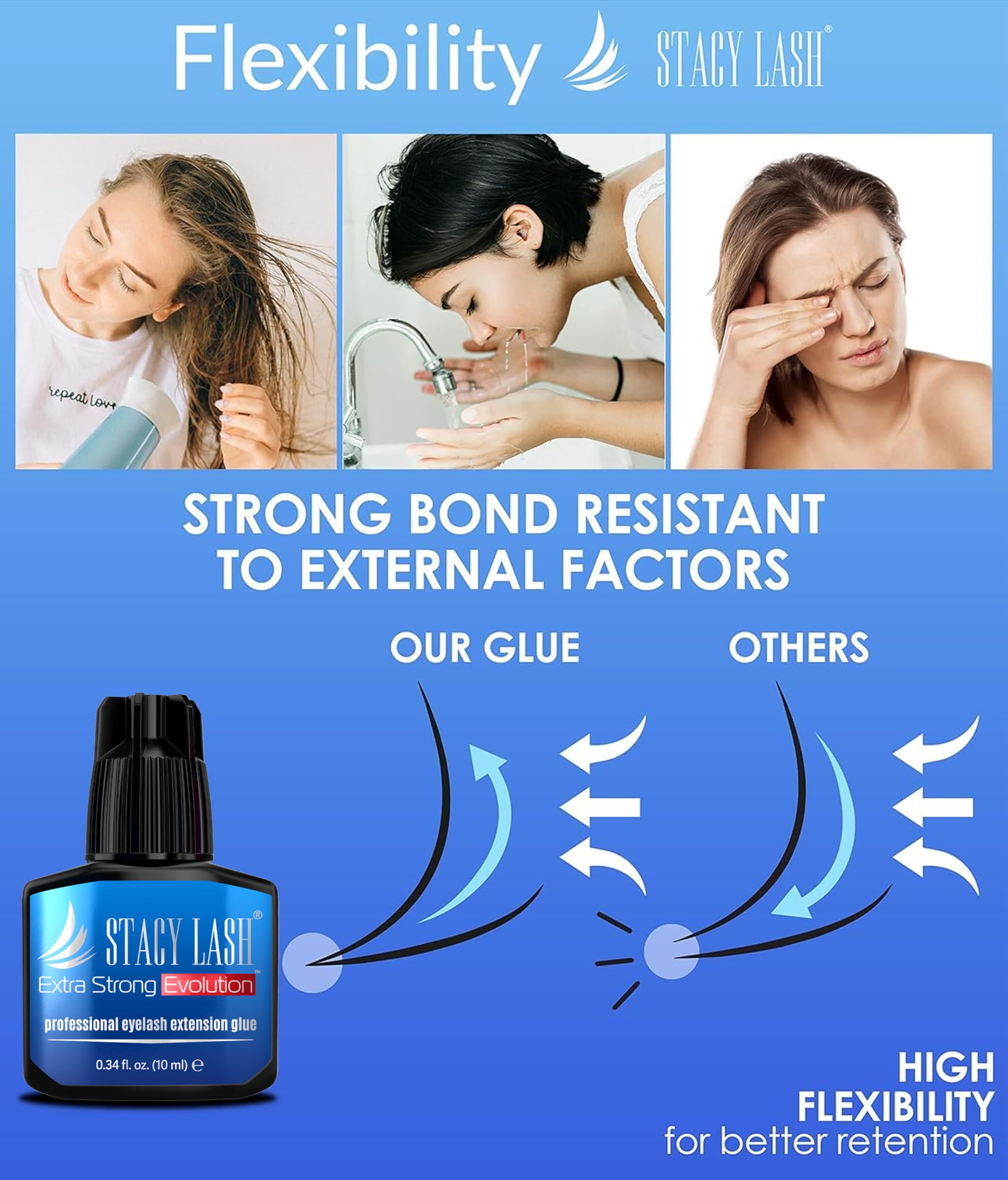 STACY LASH low-viscosity adhesive reduces clumping during application.