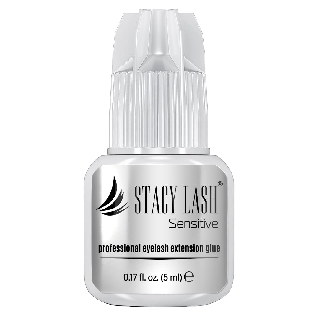 STACY LASH Sensitive glue bottle close-up showing low fumes and professional use