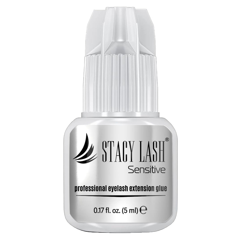 STACY LASH Sensitive glue bottle close-up showing low fumes and professional use