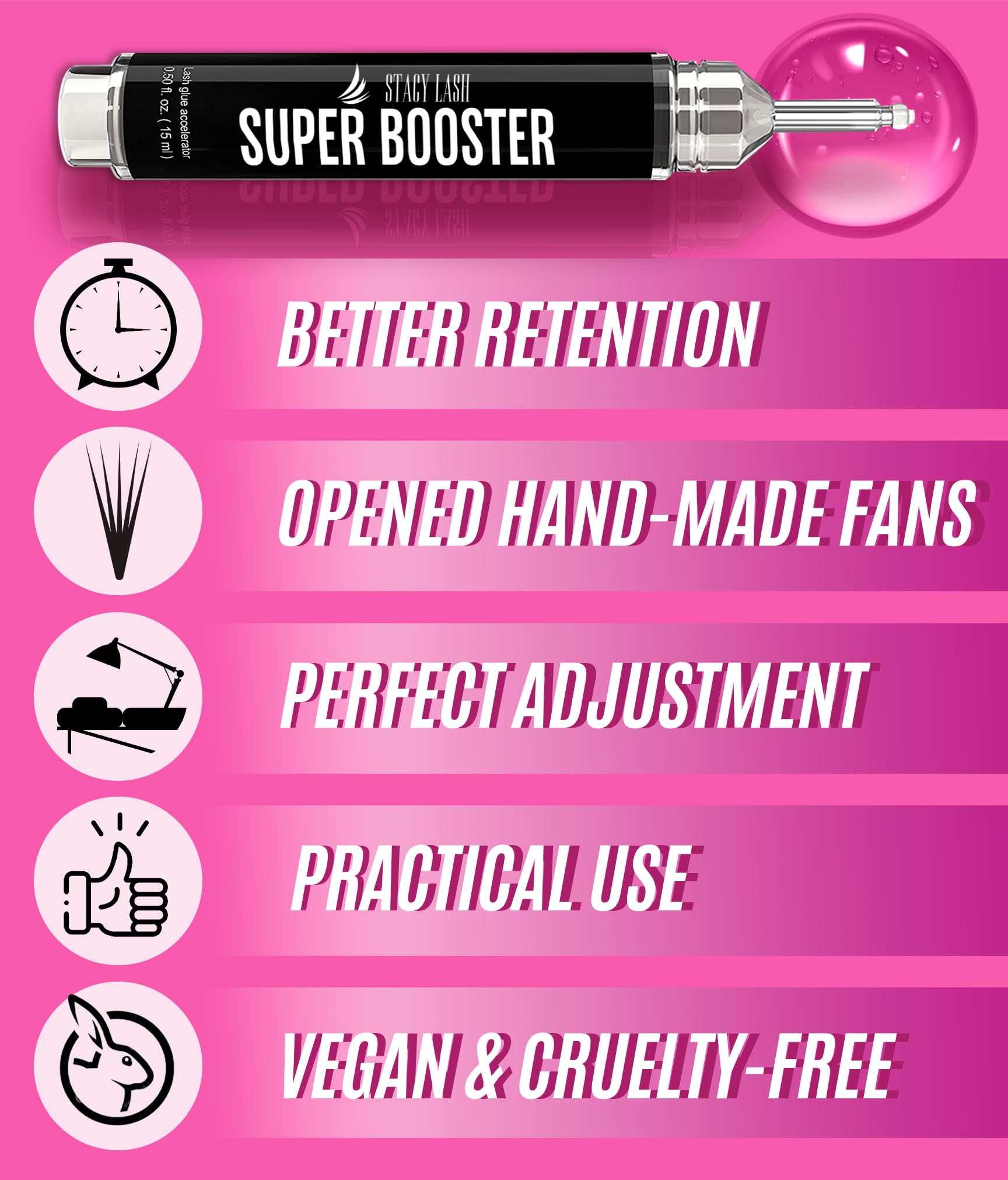 STACY LASH Super Booster application steps image highlights streamlined lash technician workflow.