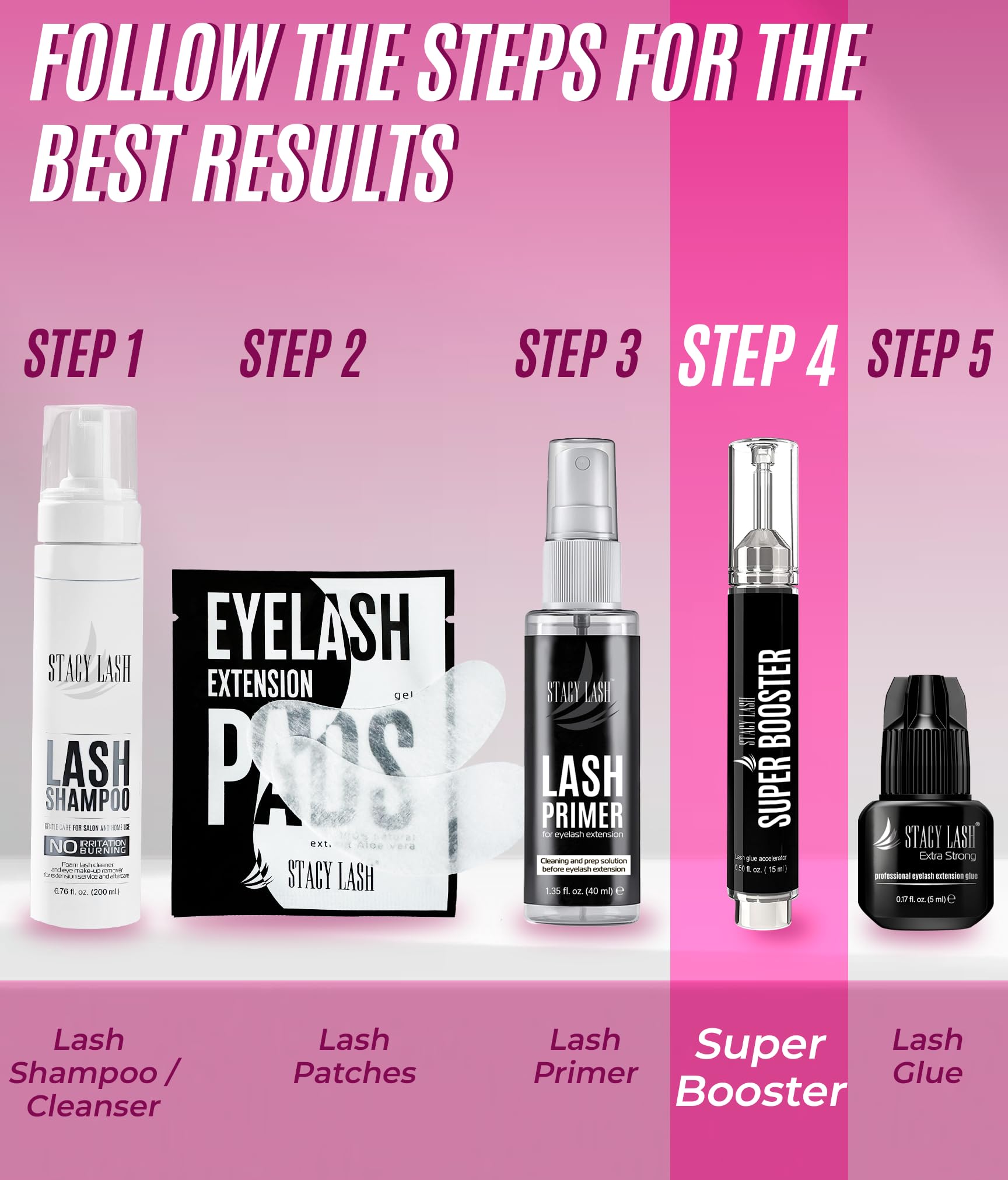 STACY LASH Super Booster in use for lash extensions, potential faster bonding.