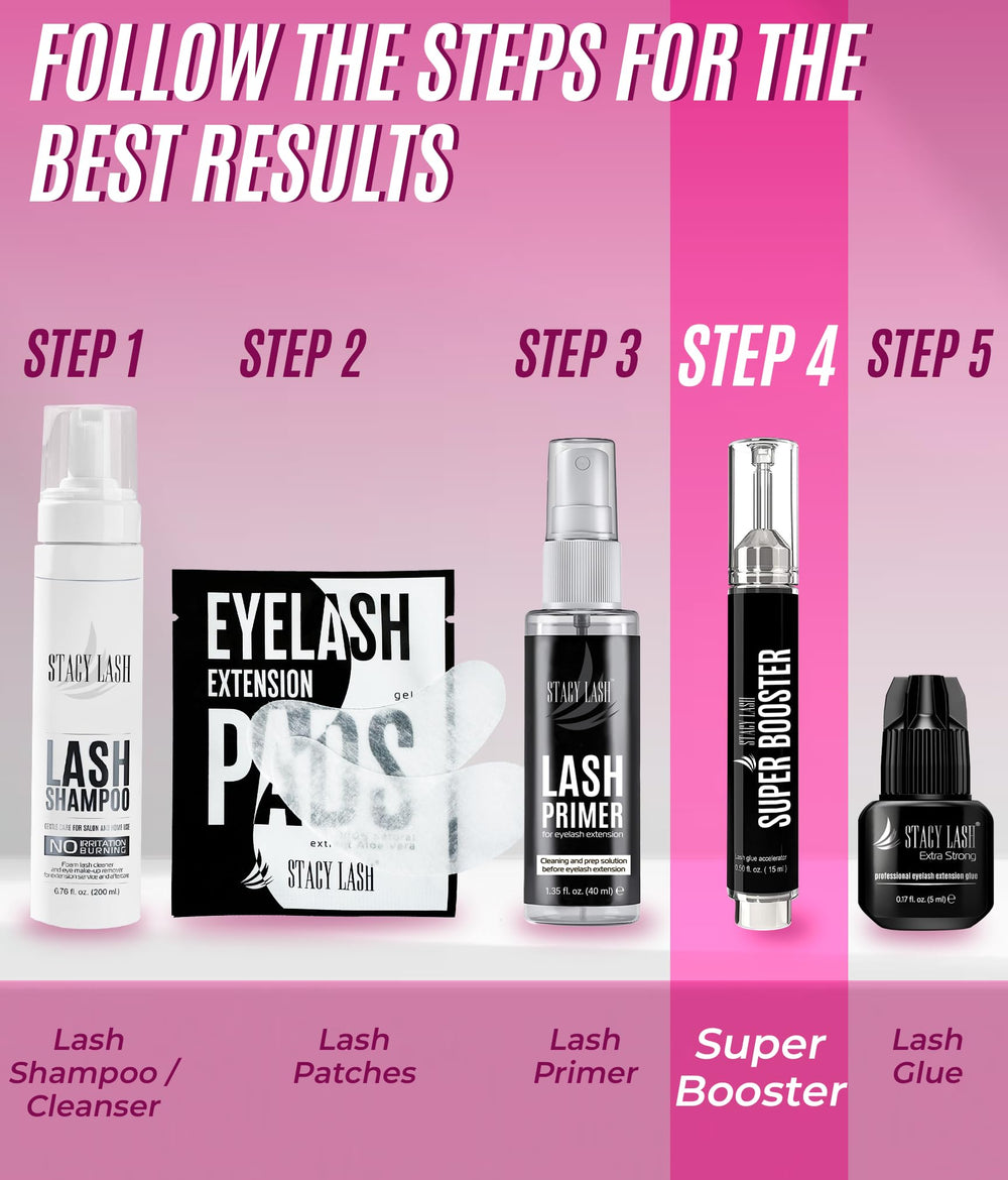 STACY LASH Super Booster in use for lash extensions, potential faster bonding.