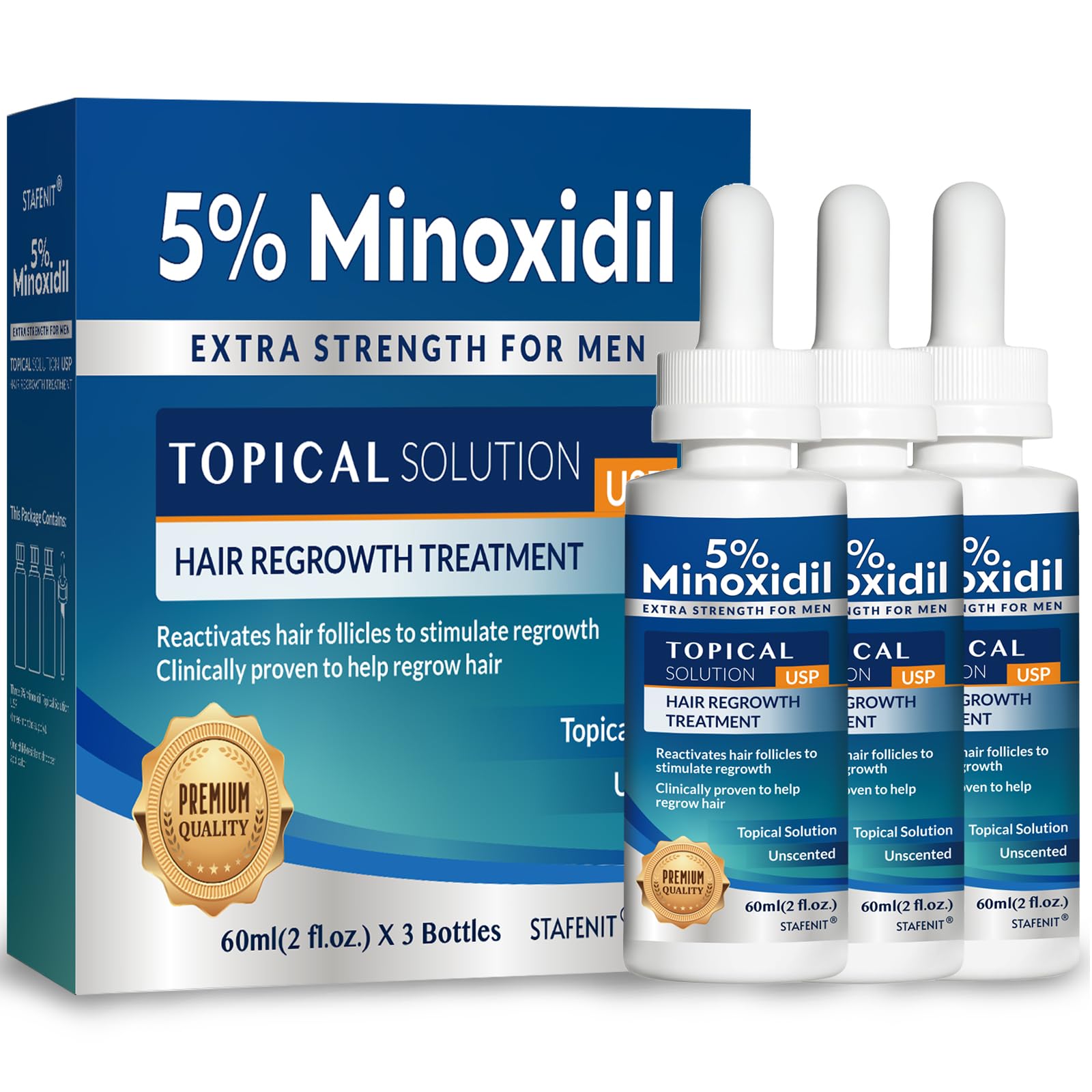 Stafenit 5% Minoxidil serum bottle with precision dropper for targeted scalp use.