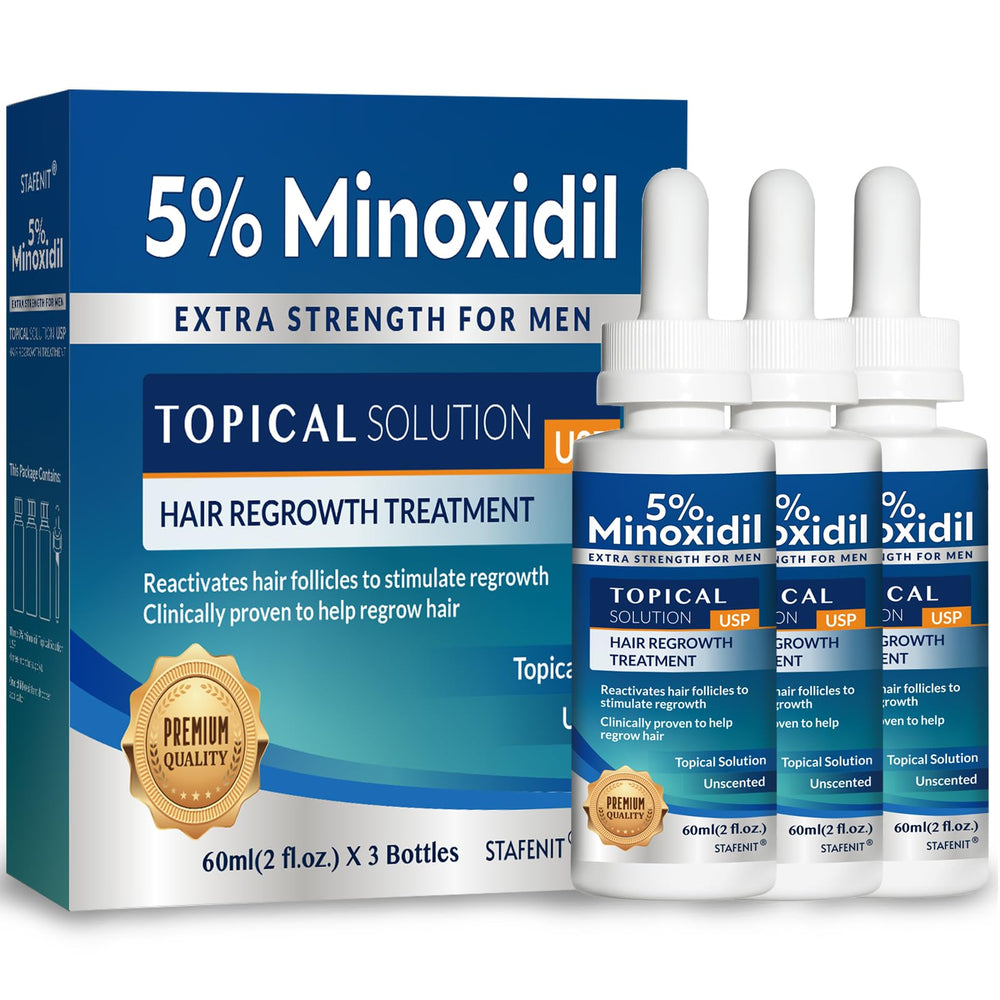 Stafenit 5% Minoxidil serum bottle with precision dropper for targeted scalp use.