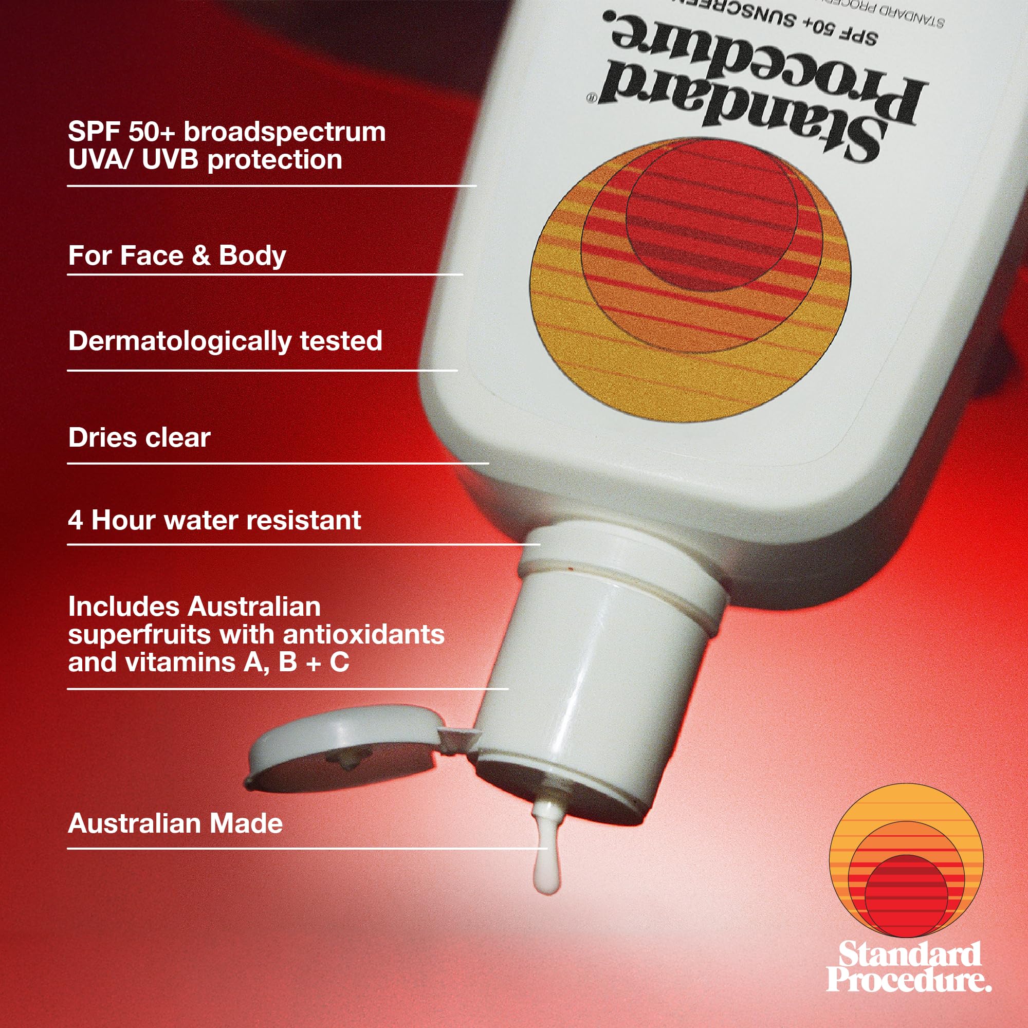 Standard Procedure SPF 50+ sunscreen bottle back with ingredients and directions