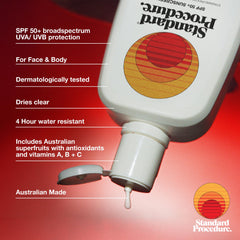 Standard Procedure SPF 50+ sunscreen bottle back with ingredients and directions