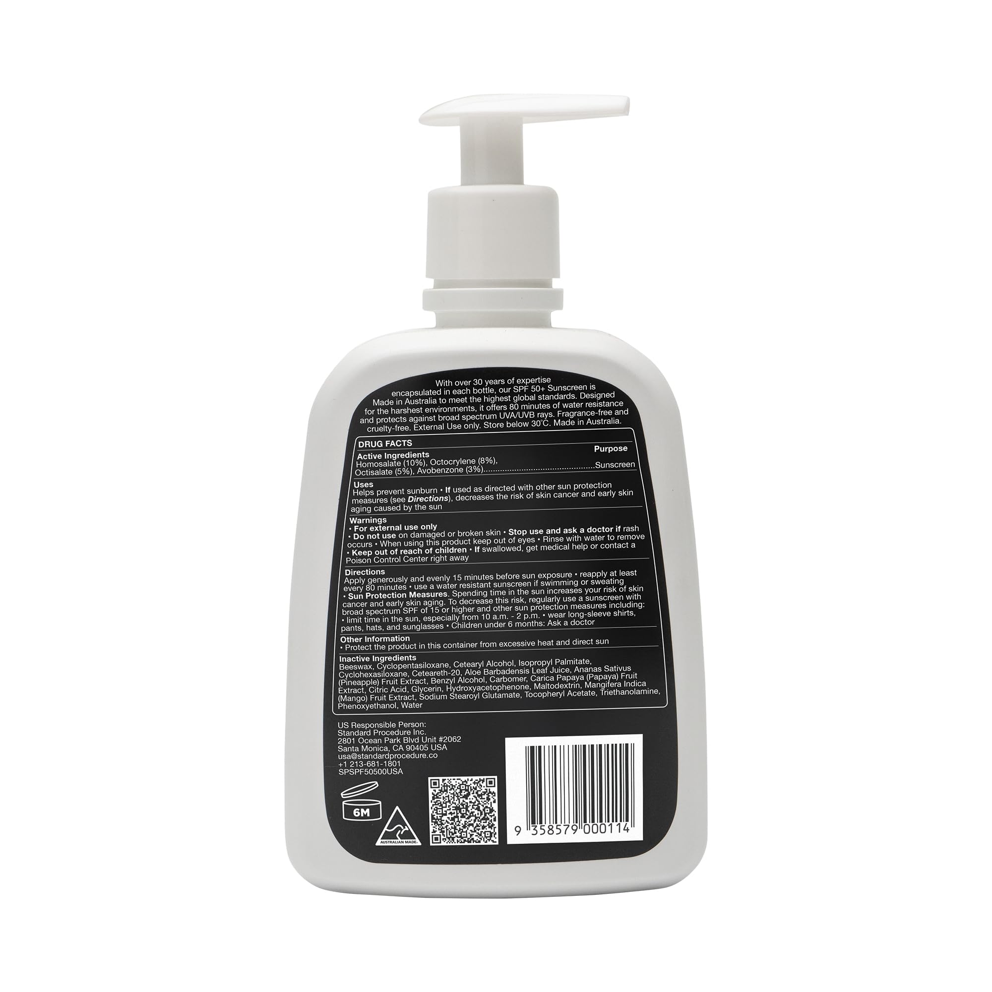 Standard Procedure SPF 50+ water resistance up to four hours during activity